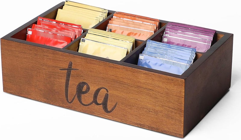 LBEMEY Tea Bag Organizer,Acacia Wood Tea Storage Containers with 6 Compartments, Sugar Packet Holder,Tea Bag Caddy Box for Cabinet Countertop Office (Brown-Labeled "Tea") - Image 1